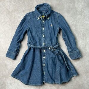 Polo Ralph Lauren Girls Belted Denim Shirtdress Sz 2 Blue Button Down Flesh Pony